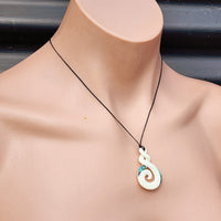Natural Hand Carved Maori Bone Carving Pendant Necklace - Etched Koru Twist - Paua Inlay