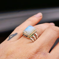 (R) Solid Sterling Silver & Natural Moonstone Handmade Rectangle Cage Ring