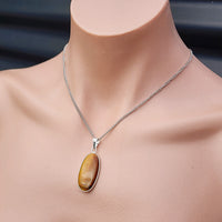 Silver Plated & Natural Tiger Eye Handmade Oval Pendant & Chain Necklace (30X17)