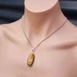 Silver Plated & Natural Tiger Eye Handmade Oval Pendant & Chain Necklace (30X17)