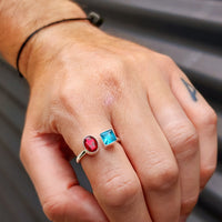 (T) Solid Sterling Silver & Double Setting Garnet & Topaz Handmade Ring