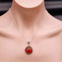 100% Solid Sterling Silver & Natural Amber Handmade Round Pendant Necklace