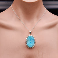 Solid Sterling Silver & Natural Blue Larimar Handmade Oval Necklace