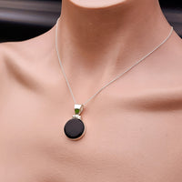 Solid Sterling Silver & Natural Black Onyx Handmade Round Pendant Necklace