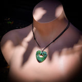 NZ Greenstone Pounamu Double Koru Heart Carved Pendant Necklace (N602)