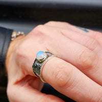(T) Solid 925 Sterling Silver & Natural Moonstone Rustic Handmade Textured Ring