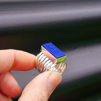 (T) Solid Sterling Silver & Natural Lapis Lazuli Rectangle Cage Band Handmade Ring