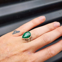 (Q) Solid Sterling Silver & Natural Malachite Handmade Rustic Solitaire Ring