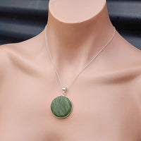Solid Sterling Silver & Natural Nephrite Greenstone Handmade Round Pendant Necklace