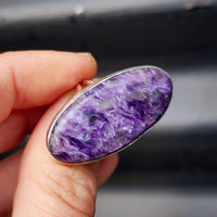 (T) Solid Sterling Silver & Natural Charoite XL Oval Handmade Solitaire Ring