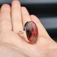 (O) Solid Sterling Silver & Natural Rhodonite Handmade Oval Solitaire Ring