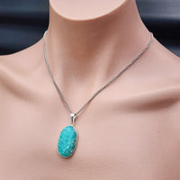 Silver Plated & Natural Amazonite Handmade Oval Pendant & Chain Necklace (30X9)