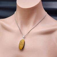 Silver Plated & Natural Tiger Eye Handmade Oval Pendant & Chain Necklace (30X2)