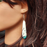 Natural Hand Carved Maori Bone Carving & Paua Earrings - Oval Paua Drops