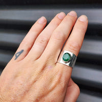 (V) Solid Sterling Silver & Natural Emerald Handmade Rustic Cuff Ring