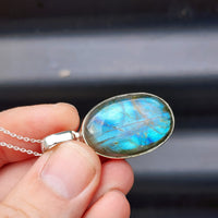Solid Sterling Silver & Natural Labradorite Handmade Oval Pendant & Chain Necklace