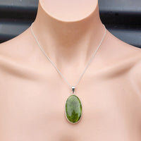 Solid Sterling Silver & Natural Nephrite Greenstone Handmade Oval Necklace