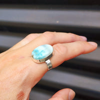 (T) Solid Sterling Silver & Natural Blue Larimar Handmade Solitaire Ring