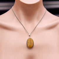 Silver Plated & Natural Tiger Eye Handmade Oval Pendant & Chain Necklace (30X25)