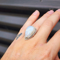 (Q) Solid Sterling Silver & Natural Moonstone Handmade Solitaire Pear Ring
