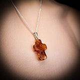 Solid 925 Sterling Silver & Natural Polished Hand Carved Rustic Cross Pendant Necklace