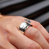 Solid 925 Sterling Silver Concaved Hammer Finish Wide Band Ring