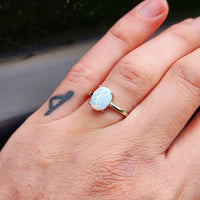 (Q) Solid 925 Sterling Silver & 10mm White Created Opal Solitaire Ring