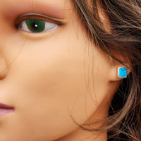 Solid 925 Sterling Silver & 8mm Created Opal Square Stud Earrings