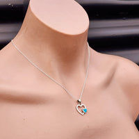 Solid 925 Sterling Silver & Created Blue Opal Double Heart Pendant Necklace