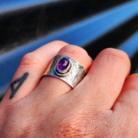 Solid 925 Sterling Silver & Natural Amethyst Textured Wide Band Ring