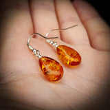 Solid 925 Sterling Silver & Cognac Amber Hanging Waterdrop Earrings