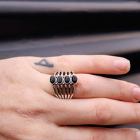 (T) Solid 925 Sterling Silver & Natural Black Onyx 4 Setting Cage Ring