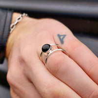 Rustic Handmade Solid 925 Sterling Silver & Natural Black Onyx Double Band Ring