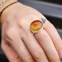 (R) Solid 925 Sterling Silver & Natural Carnelian Handmade Round Signet Ring
