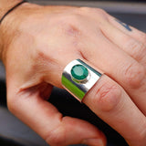 (Y) Solid Sterling Silver & Natural Emerald Handmade Rustic Cuff Ring