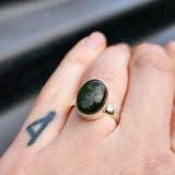 (Q) Solid 925 Sterling Silver & Natural Greenstone Handmade Oval Signet Ring