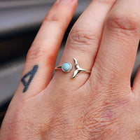 Adjustable Solid 925 Sterling Silver & Natural Larimar Whale Tail Ring