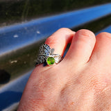 (Q) Solid 925 Sterling Silver & Natural Peridot Leaf Cuff Ring
