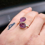 (Adjustable) 925 Sterling Silver & Natural Raw Amethyst Double Stone Ring