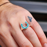 (R) Solid 925 Sterling Silver & Natural Turquoise Horseshoe Ring