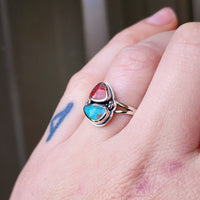 Solid 925 Sterling Silver & Natural Turquoise With Red Coral Double Stone Ring