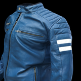 Blue Beetle - Mens REAL Genuine Leather Jacket - Blue & White Stripe