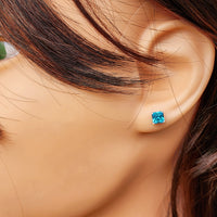 6mm Blue CZ & Solid 925 Sterling Silver Faceted Square Stud Earrings