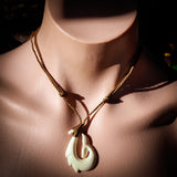 Natural Maori Bone Carving Pendant Necklace - Whale Tail Hook