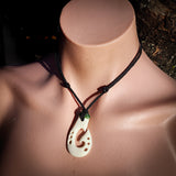 Hook Bone Carving & Greenstone Pendant Necklace - NZ Maori Inspired