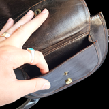 Genuine Leather Rounded Handbag - Chocolate Brown