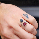 (Adjustable) Rustic 925 Sterling Silver, Natural Raw Ruby & Lolite Double Stone Ring