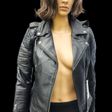 50% OFF SALE. Mystic Rider - Womens REAL Genuine Leather Jacket - Black Side Zip Ribbed