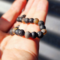Natural Raw Green Amber, Obsidian, Lava Stones Elastic Bracelet