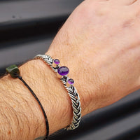 Solid Sterling Silver & Natural Amethyst Handmade Braid Cuff Bracelet